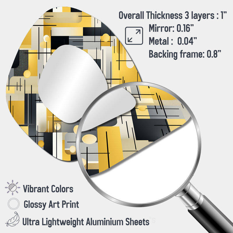 Yellow And Grey Geometric Blocks Harmony III - Geometric Asymmetrical Decorative Mirror, Yellow Irregular Shape Wall Mirror, Printed Metal Art