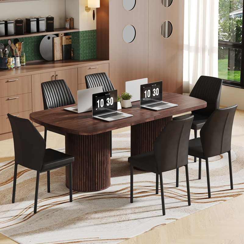 Ensemble de table de salle à manger 78,7 po, 7 pièces : table, 6 chaises, Noir, Bois brun / bois brun