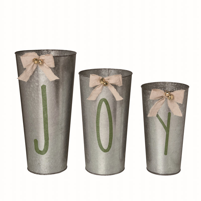  Metal 18 in. Grey Christmas Nesting Joy Buckets Set of 3