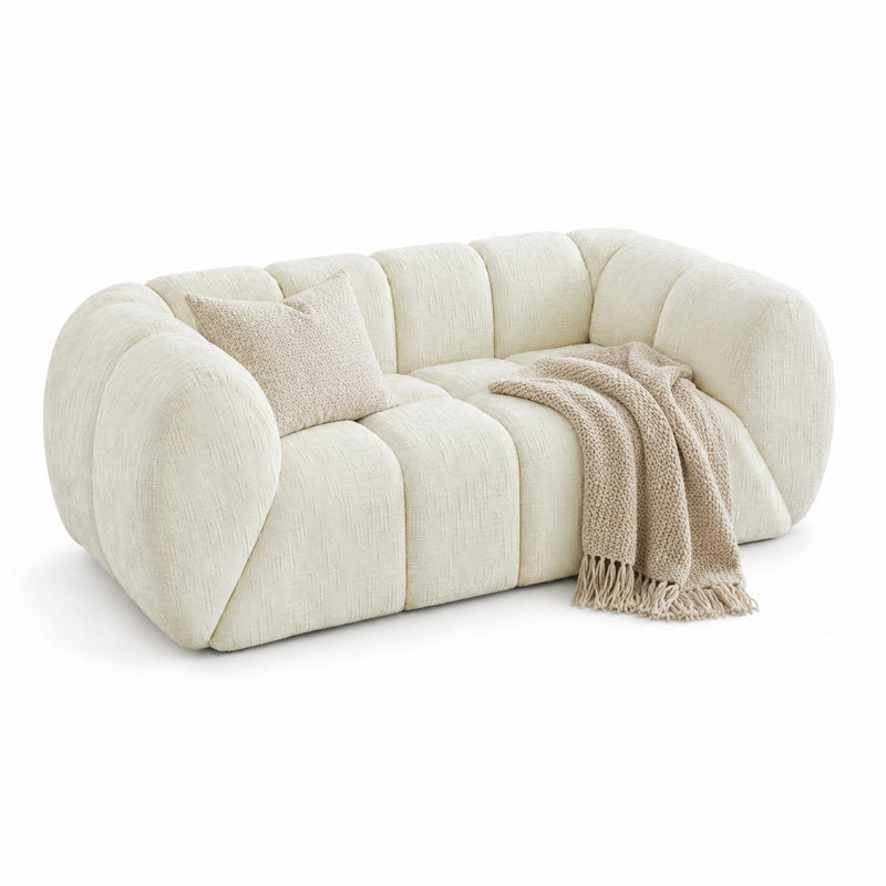 Canapé en chenille moderne avec siège matelassé et accoudoirs arrondis pour salon et appartement, 2 Seat, Chenille of Beige