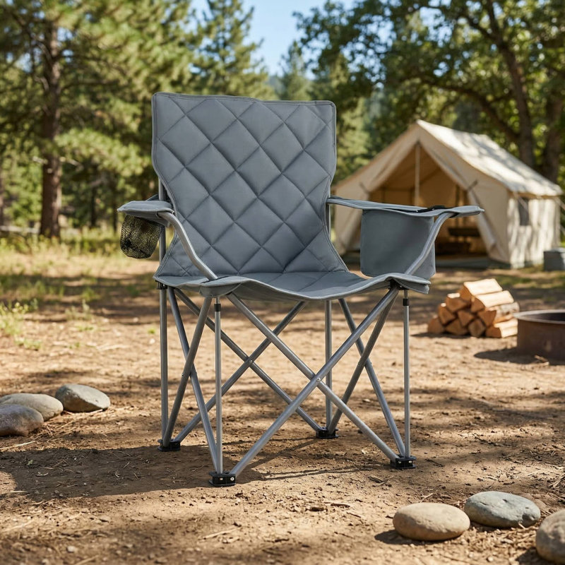 Padded Oversized Outdoor Folding Camping Chair With Built In Insulated Cooler Pouch And Convenient Cup Holder Stable Anti Slip Support Base For Outdoor Camping