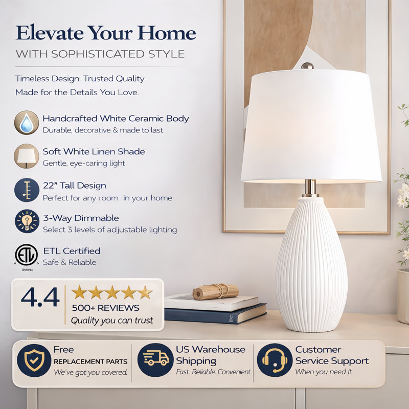  Wharton 22" Modern White Ceramic Table Lamp with 3-Way Dimming, White