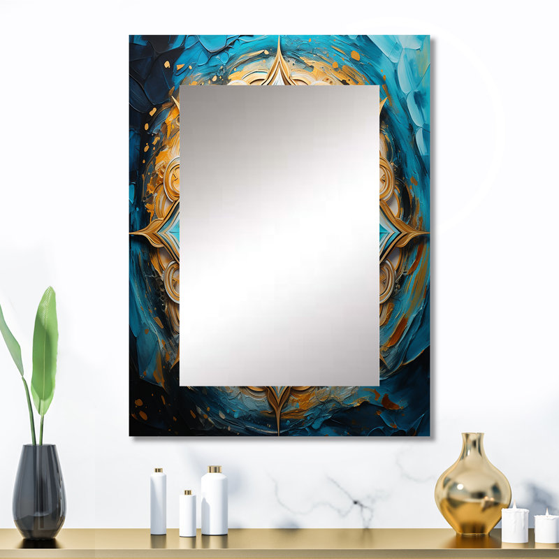 Divine mandala en rétro or et turquoise I - miroir mural décoratif boho mandala, miroir traditionnel, art imprimé en métal