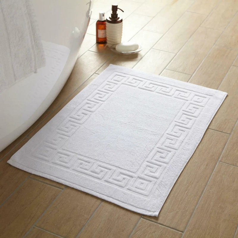 700 GSM Bath Mat – 4x 100% Combed Cotton, Hotel Quality, White 50x75 cm, Greek Border Pattern, Soft & Absorbent
