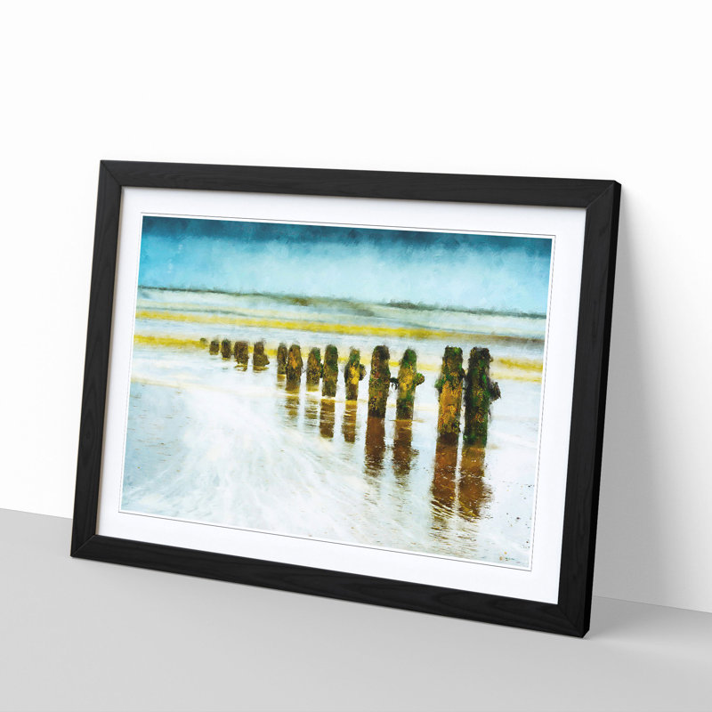 Groynes on Whitby Beach - Picture Frame Painting Print, Black Framed, 24cm H x 33cm W x 2cm D