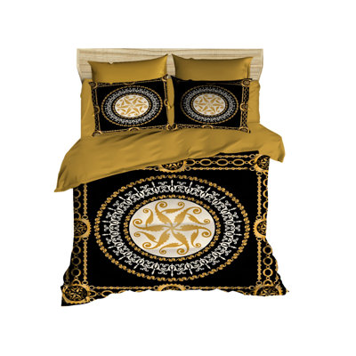 Ensemble de housse de courtepointe Luxury King, noir et or, 95,2 po x 86,6 po | Tige 100% microsatine de polyester, dessous 100% coton | Impression 3D de haute qualité, lavable, fermeture à glissière, design élégant pour les chambres élégantes
