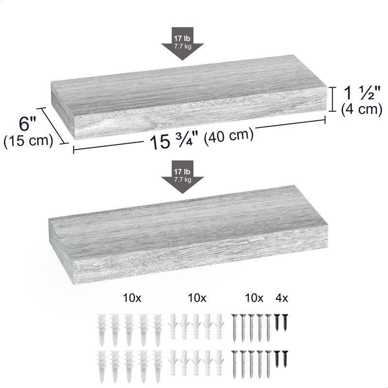 Sydney 16" W x 6" D Floating Shelves Set with Invisible Wall Mount Brackets, Grey Oak