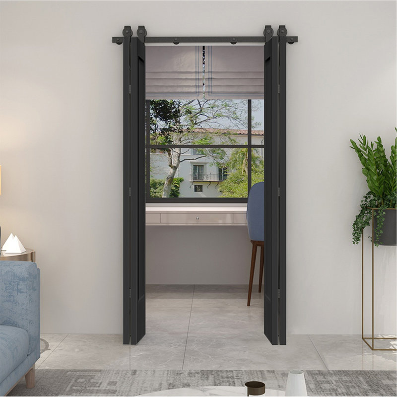 48 po X 80 po Porte de grange double pliante en panneau de fibres à densité moyenne peinte noire 1 panneau avec ensemble de quincaillerie coulissante