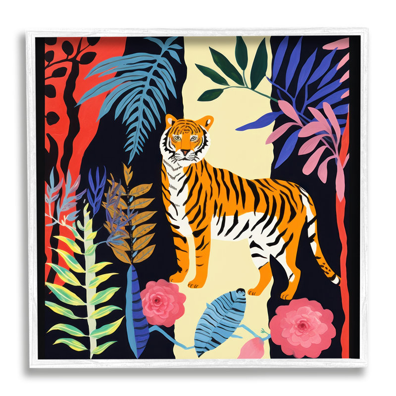 Tigre et plantes découpées, impression sur toile, Estampe numérique encadrée blanc bord de mer, H 17 po x l 17 po