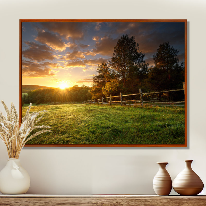 «Fence Ranch at Sunrise», reproduction de photo, H 12 po x l 20 po, Reproduction avec cadre flottant, Brun