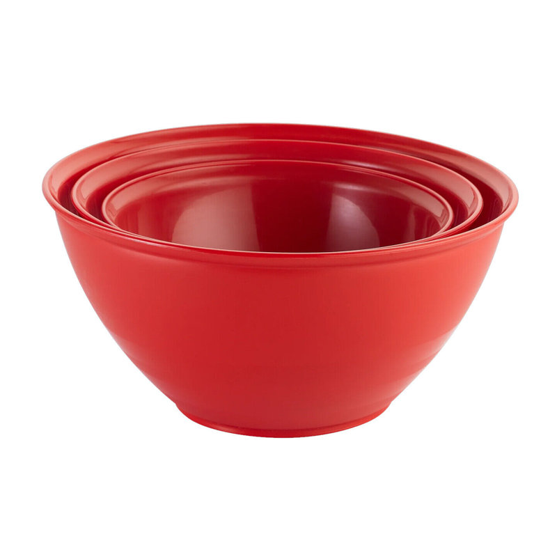 3 Pcs Durable Plastic Colourful Mixing Bowls Set Microwave & Dishwasher Safe, Red