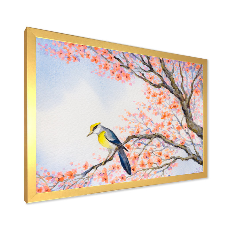 «Beautiful Blue Bird on Flowering Branch I», peinture sur toile encadrée, Encadrement doré, H 24 po x l 32 po x P 1 po