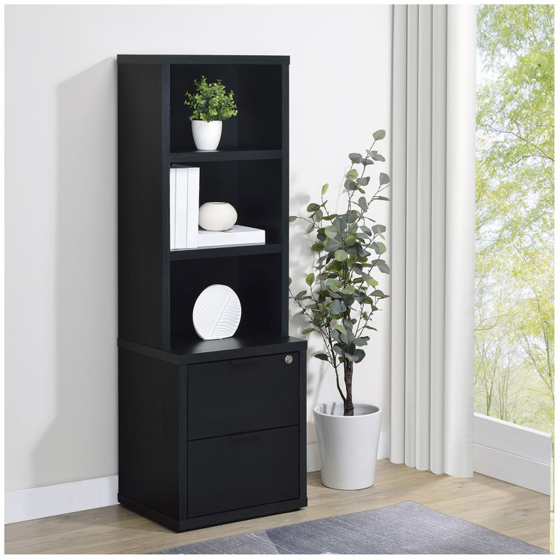 Geary Black 3-Shelf Bookcase USB And Lockable Drawer, Black