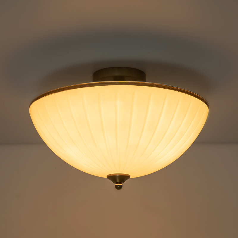 Plafonnier semi-encastré 3 lumières 15,6 ", abat-jour moderne en verre blanc nervuré en forme de bol avec finition dorée