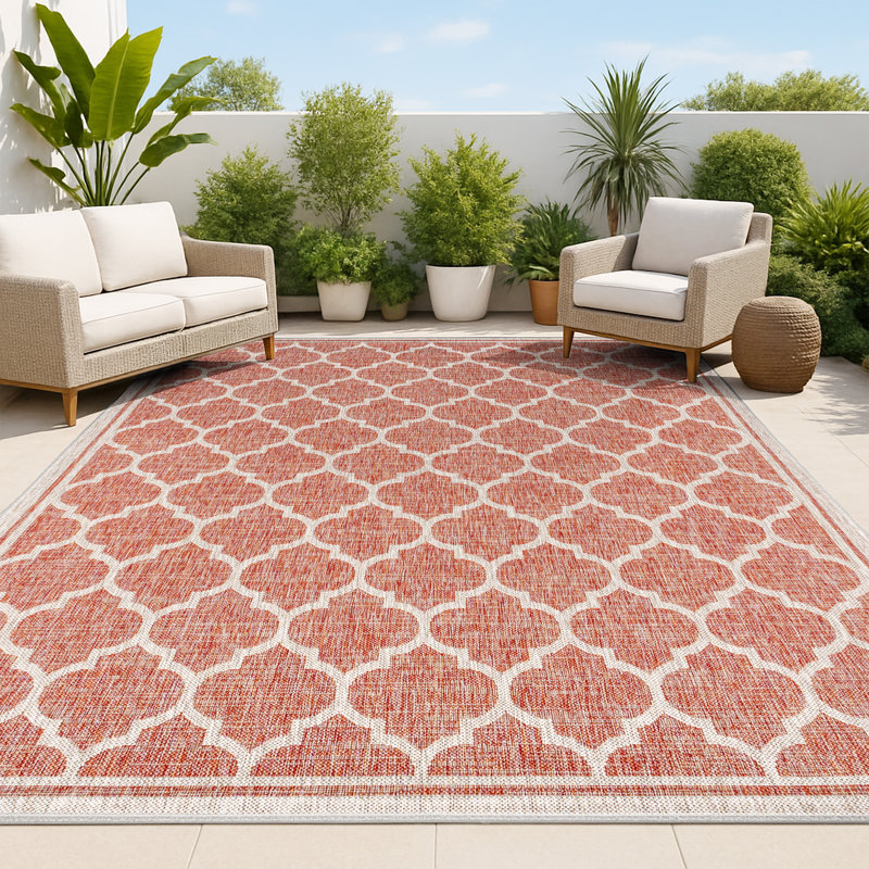 Tapis intérieur / extérieur rouge / beige Hague Moroccan Trellis, Rectangle 5 pi 3 po x 7 pi 7 po