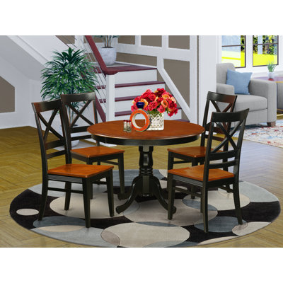 5 Piece Dining Room Furniture Set Includes a Round Kitchen Table with Pedestal and 4 Dining Chairs, Black & Cherry