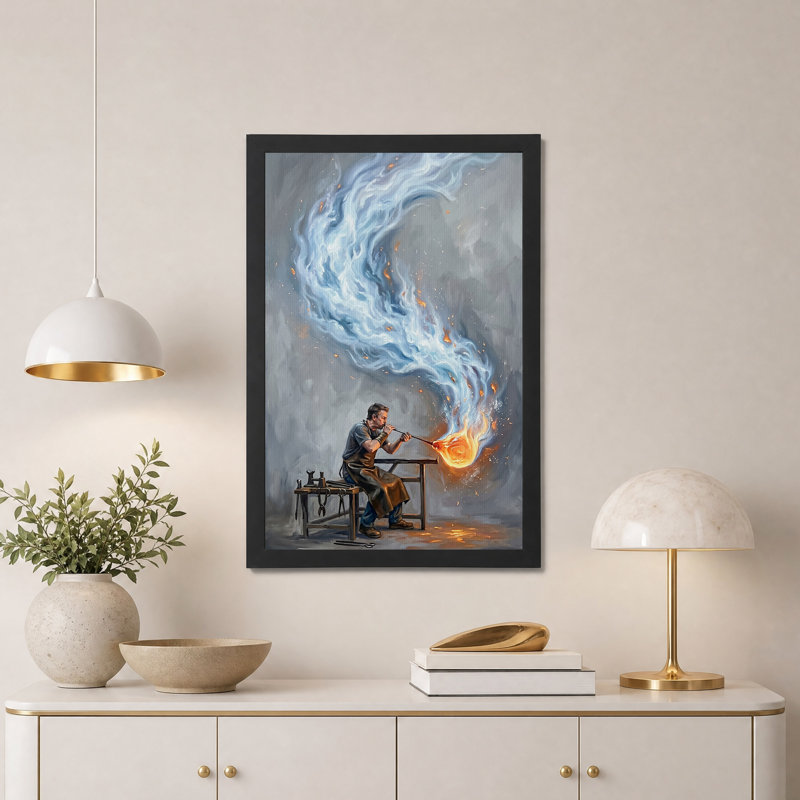 Art mural toile souffleuse de verre avec fumée bleue tourbillonnante, H 36 po x l 24 po