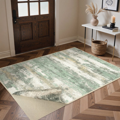 Pavelina Abstract Reversible Green Machine-Washable Area Rug with Rug Pad