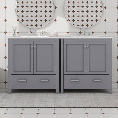 Bathroom Vanity Set With Double Vanities, Storage Shelf, And Divided Drawers
