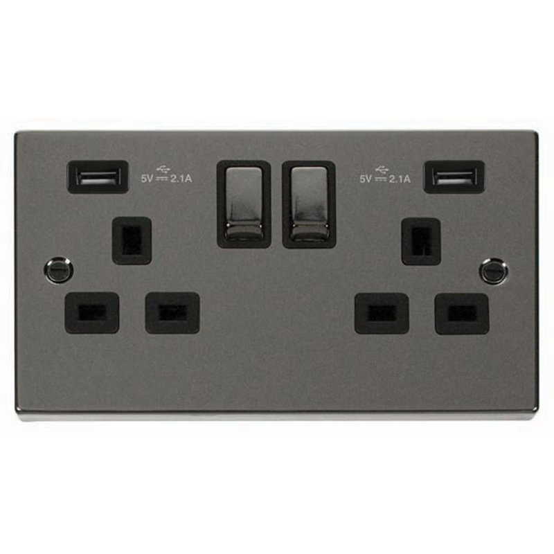 Black Nickel 2 Gang 13A DP Ingot 2 USB Twin Double Switched Plug Socket