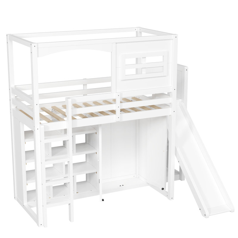 Lit mezzanine simple en bois blanc avec garde-robe, tablettes de rangement, glissoire et lumière DEL
