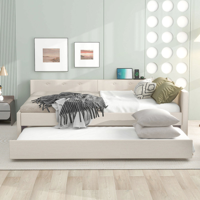 Lit plateforme tapissier avec USB et lit gigogne en T, beige, Grand