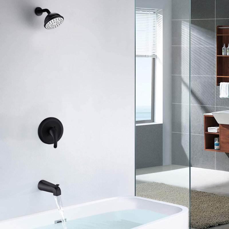 Pomme de douche à poignée simple avec bec de baignoire et valve, robinet mural en plastique noir mat, débit de 1,8 gal / min, bec pivotant, réglable à 360 ° pour une couverture complète, robinet de retrait des trous de pulvérisation