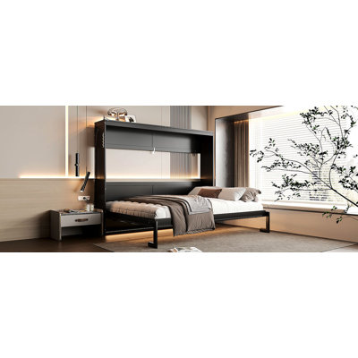 Queen-Size Modern Side-Folding Murphy Bed With Trendy Printed Pattern, LED Under-Bed Lighting & Built-In USB Outlet – Space-Saving Design-Black