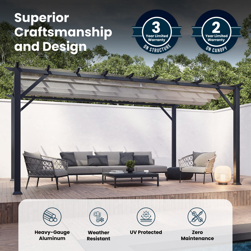 Florence  Aluminum Pergola in Gray Powder-Coated Finish with Adjustable Canopy, 11 ft. W x 16 ft. D, Silver