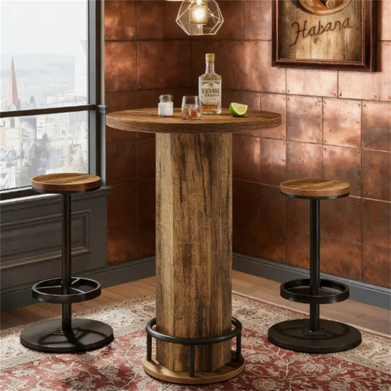 Ensemble de table de bar ronde avec 2 tabourets, table de pub de style industriel/ferme avec repose-pieds, table basse en MDF aspect bois pour bar, café et salle à manger.