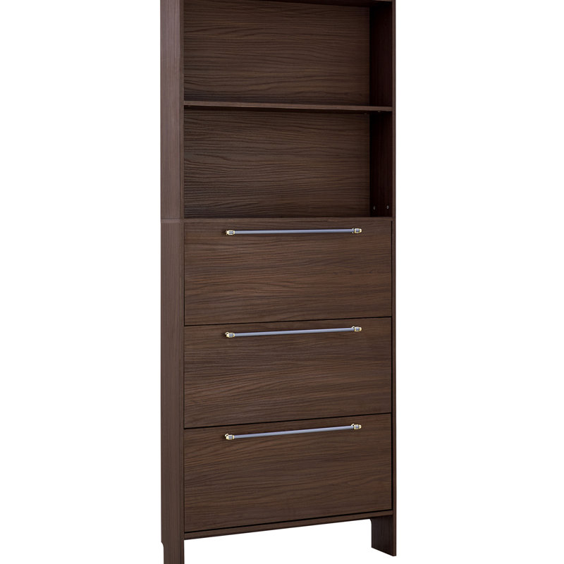 Armoire à chaussures autoportante avec 3 tiroirs rabattables. Économiseur d'espace dans le couloir. Solide, couleur noyer, conception moderne de porche étroit. Poignées en métal