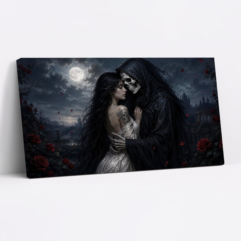 Tableau sur toile représentant la Faucheuse gothique enlaçant une femme au clair de lune pour l'Halloween, L 24 po x H 12 po