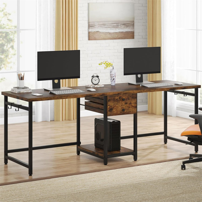 Bureau d'ordinateur 79 pouces pour deux personnes avec tiroirs et tablettes de rangement (sans la chaise), Brun / Noir