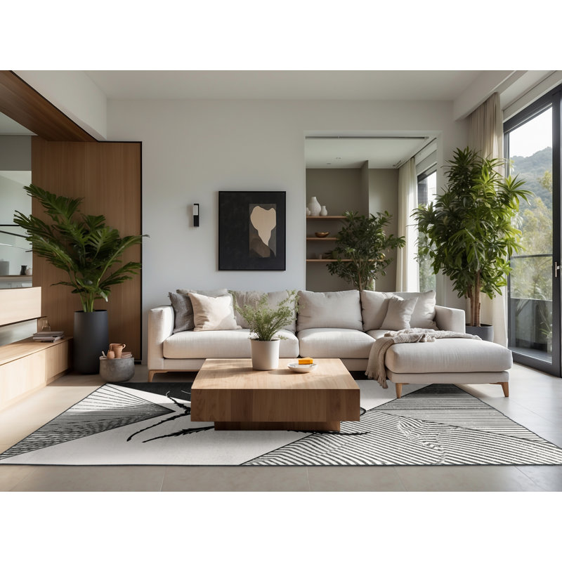 Soft Plush Freshford Beetle Modern Geometric Area Rug in Grey – Black Binding, 6x9