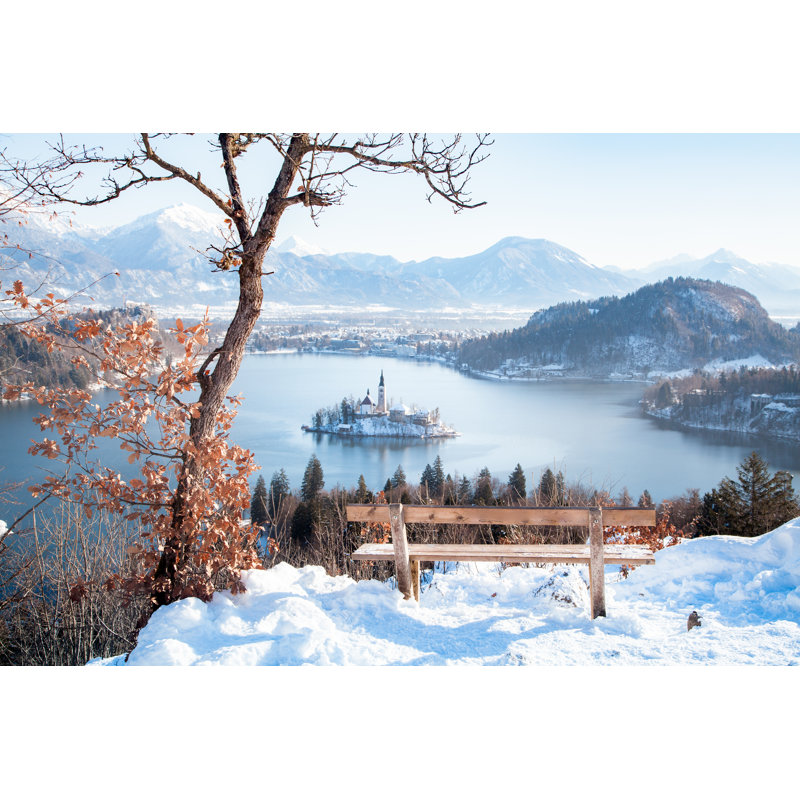 Lake Bled With Wooden Bench In Winter by Bluejayphoto - Wrapped Canvas Print, 81cm H x 122cm W