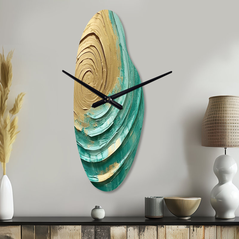 Horloge murale spirale abstraite incurvée en métal Teal Gold, Moyenne