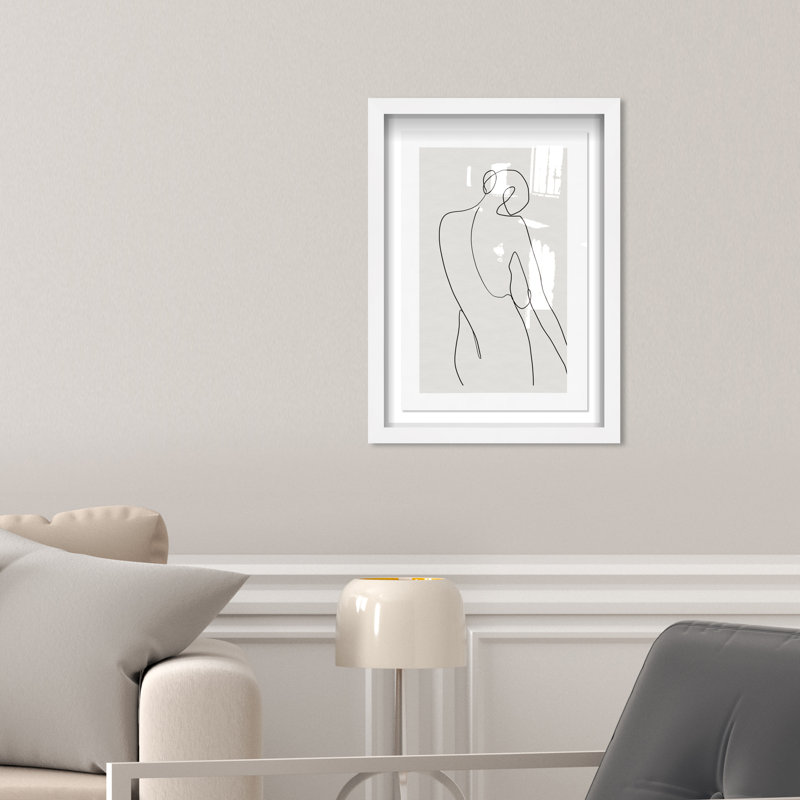 Dessin au trait noir et blanc de Her II - peinture à cadre flottant, H 37 po x l 25 po, Cadre blanc