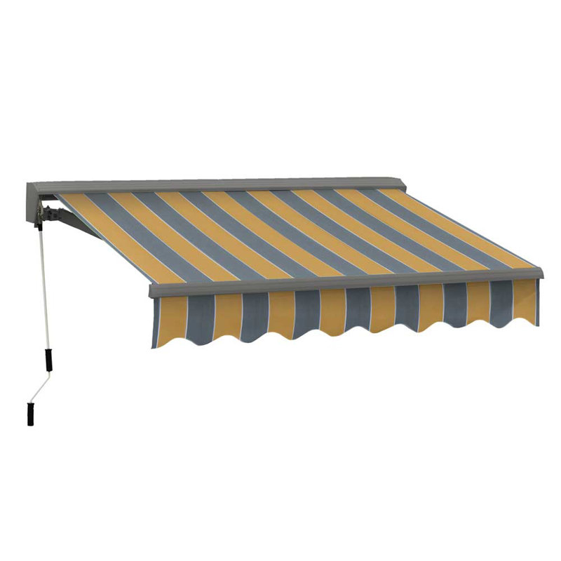 Classic Series 10'x8' Manual Hand-Crank Retractable Shade Awning, 9.8" H x 120" W x 96" D, Golden Yellow w/Gray Stripes