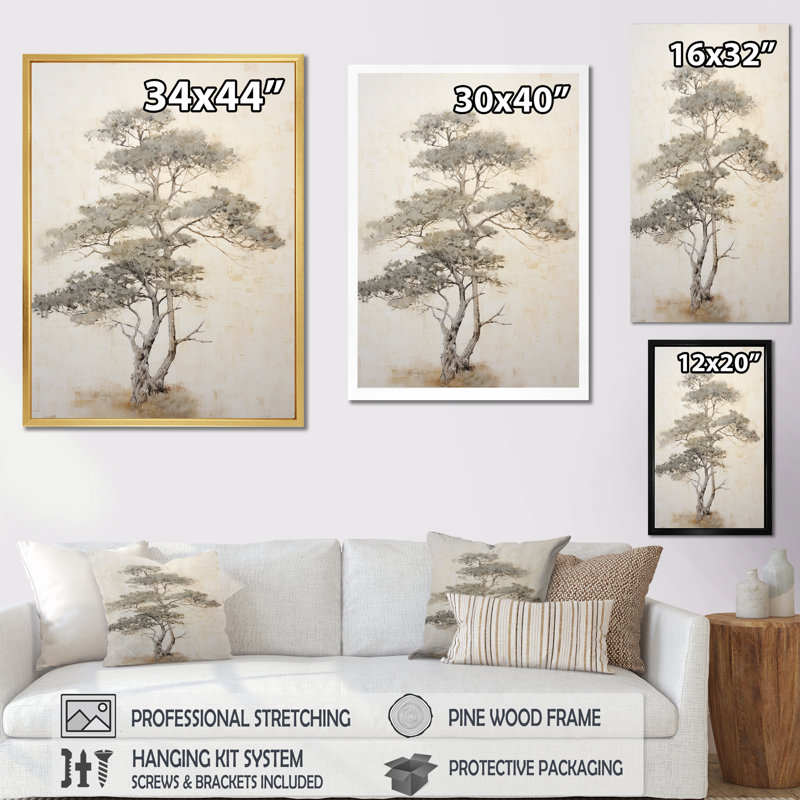 «Beige Tree Pine Zen Scenery V», reproduction sur toile, Cadre flottant noir, 32" H x 24" W