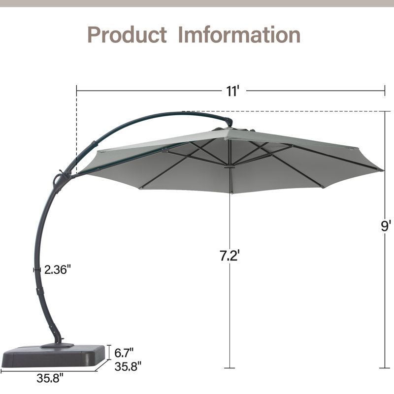 Parasol en porte-à-faux Ebonique avec base incluse, Gris, H 106,3 po x l 132 po x P 132 po, Plastic Base