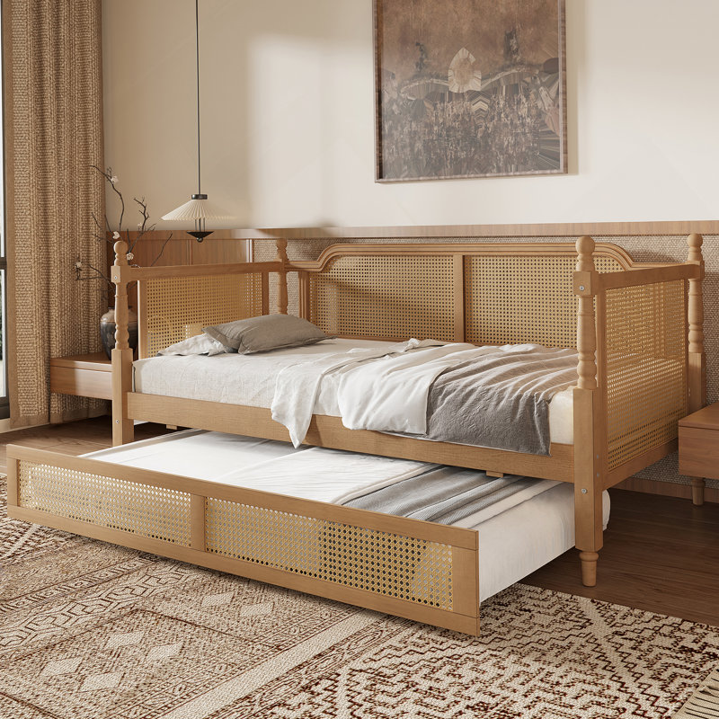 Lit de jour en rotin avec couchette, Complet/Double, Noyer