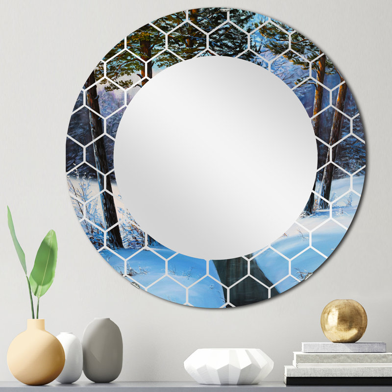 Forêt de Noël avec rivière et arbres III - Miroir mural traditionnel, 24 po x 24 po