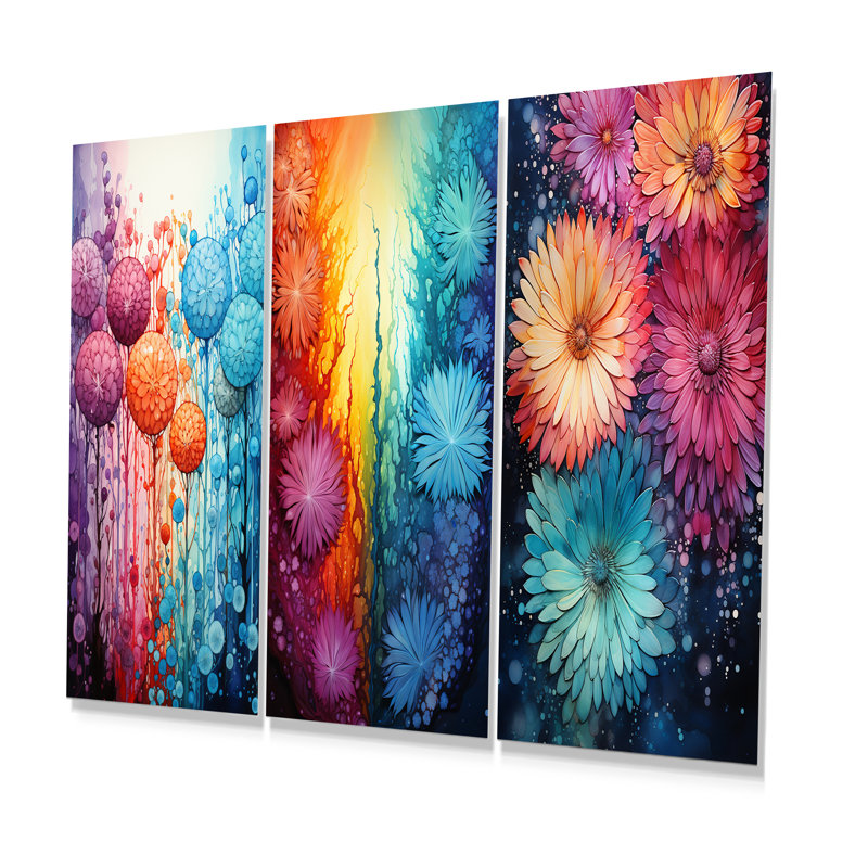 Colourful Botanicals Firework I - Abstract Botanicals Metal Art Print Set Of 3, 28" H x 36" W