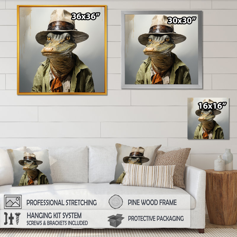 «Alligatorin suit I» - Grand art mural en alligator, Cadre flottant doré, H 30 po x l 30 po x P 1,5 po
