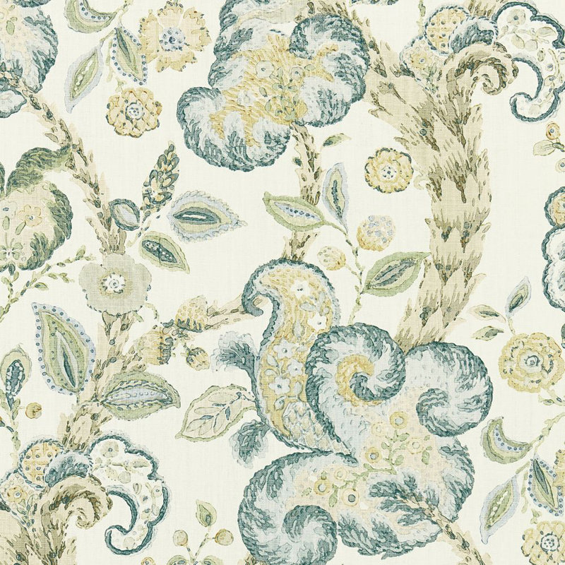 La Boheme Cumbria Hand Block Print Fabric, Aquamarine/Ivory