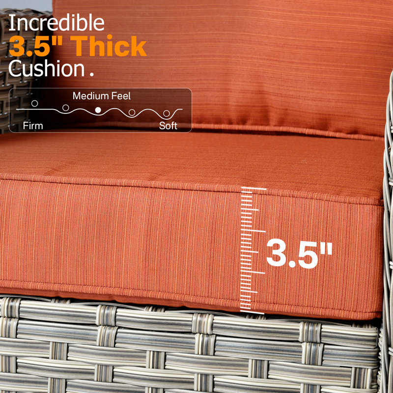 Ensemble de conversation en rotin osier pour 3 personnes avec coussins et repose-pieds Emroy, Orange / rouge