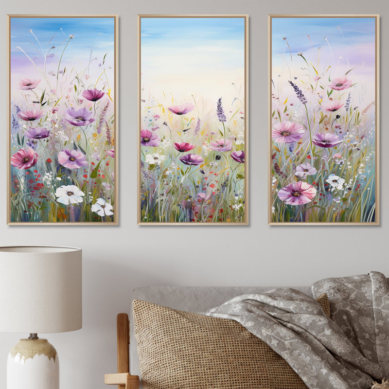 Ensemble de décoration murale Graeme - Champ de fleurs, H 40 po x l 60 po x P 1 po, Cadre flottant érable