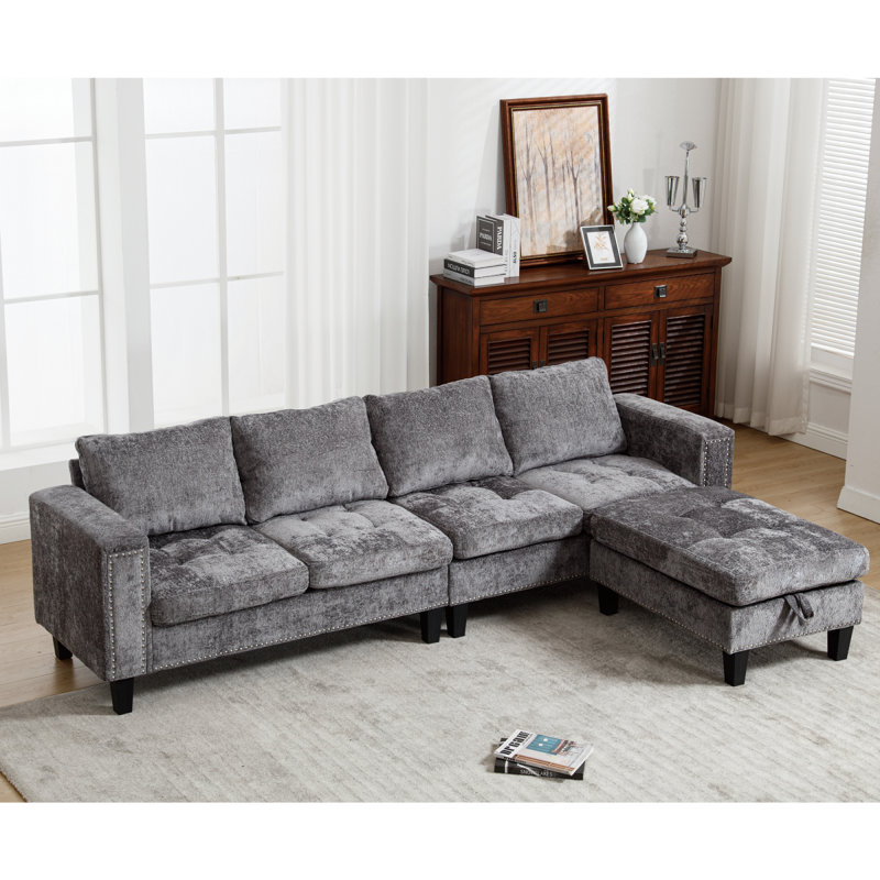 [NOUVEAU] [Canapé modulaire à 5 places, avec repose-pieds avec rangement, canapé modulaire convertible, canapé en L, méridienne réversible, canapé riveté, chenille, gris