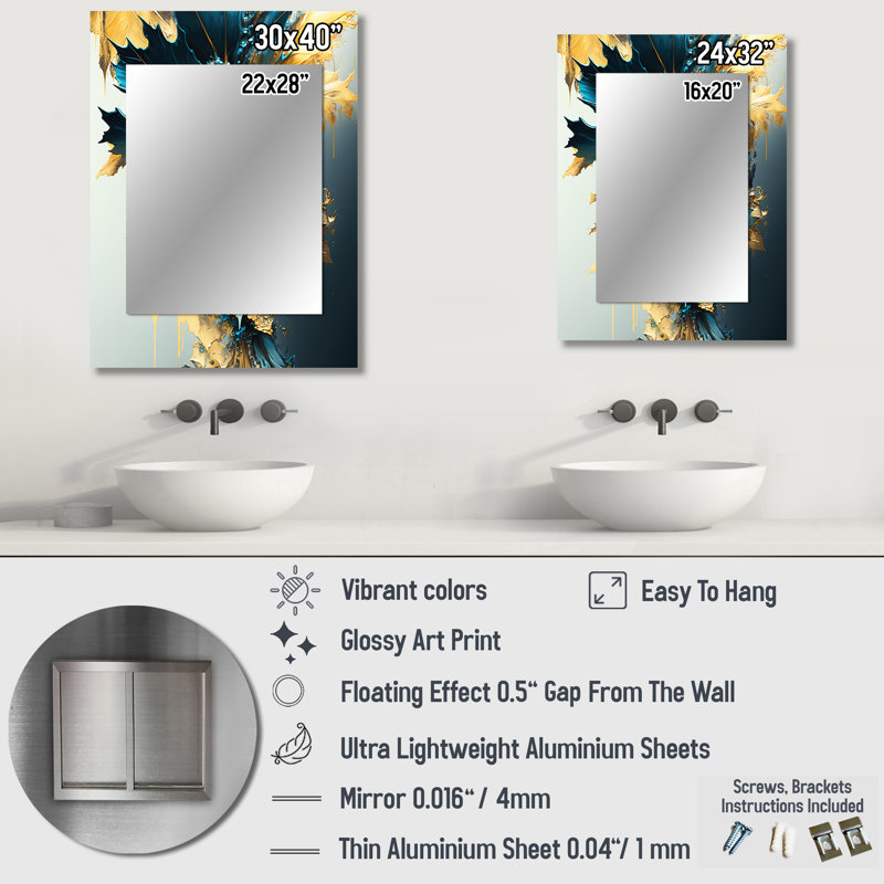 Abstract Blue And Gold Leaves II - Leaves Wall Mirror, Traditional Decorative Mirror, Printed Metal Art, 32" x 24"