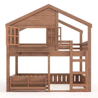 Twin Size House - Style Bed, Natural Color, Fencing, Lower Bed As Study Or Sleep, Bookshelf For Storage, Pine And , Easy Setup